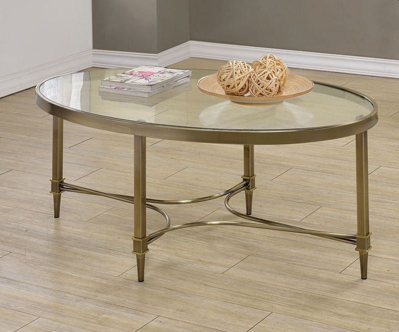 Traditional Brass Bronze Oval Occasional Coffee Table With Glass Top