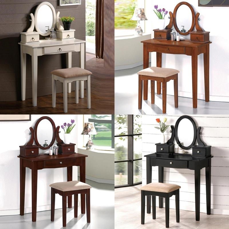 Lovely Oval Mirror Antique Black Vanity Set Make Up Table with 3