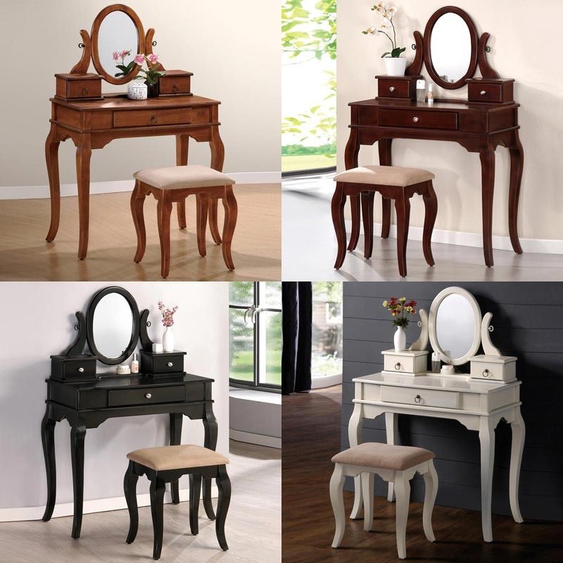 Elegant Antique Black Oval Mirror Make Up Vanity Set With Curved Legs 3