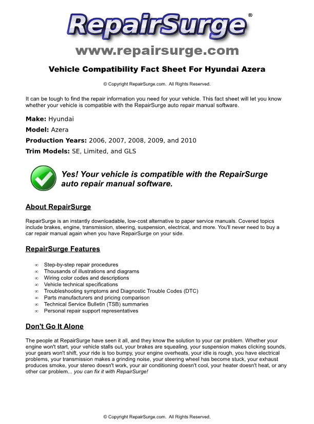 Hyundai Azera Service Repair Manual Online Download - 2006, 2007, 2008 ...