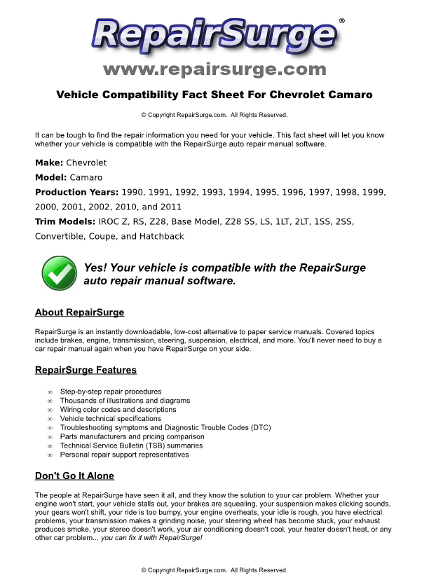 Chevrolet Camaro Service Repair Manual Online Download 1990, 1991