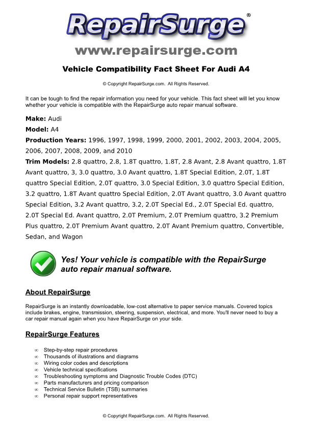 Audi A4 Service Repair Manual Online Download - 1996, 1997, 1998, 1999 ...
