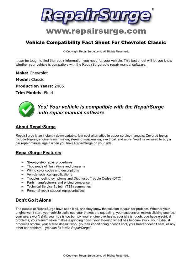Chevrolet Classic Service Repair Manual Online Download - 2005 (c) RepairSurge buy manual treadmill online