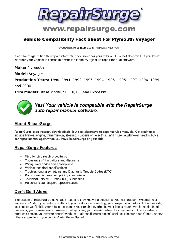 Plymouth Voyager Service Repair Manual Online Download - 1990, 1991 ...