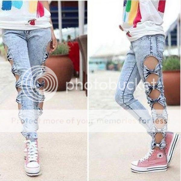 Lady's Vintage Detailed Side Bow Cutout Ripped Denim Sexy Jeans Trouser ...