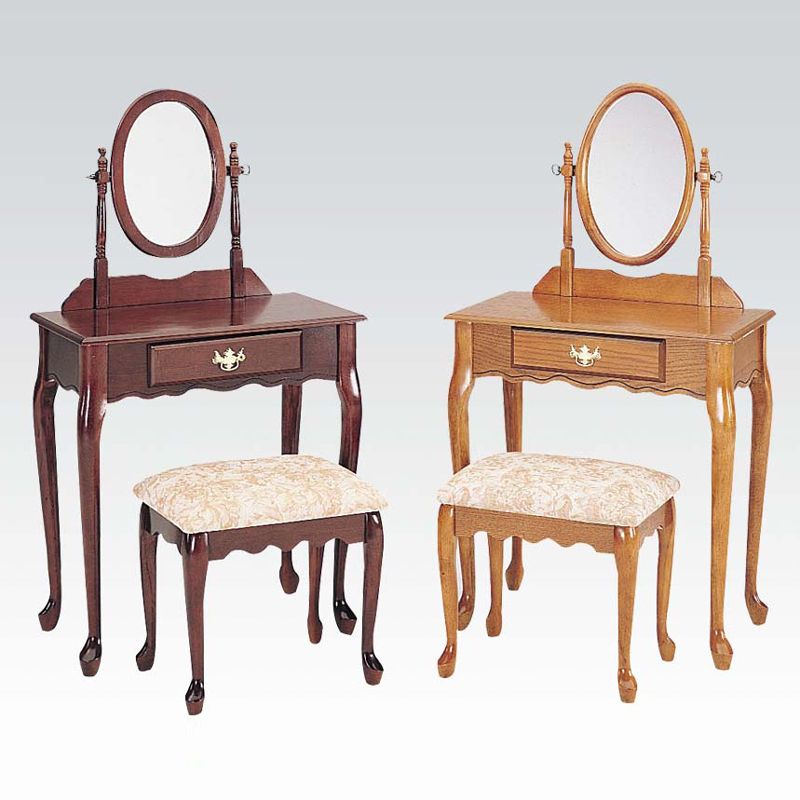 3 Piece Queen Anne Oak Wood Make Up Dressing Table Vanity Set w Mirror Bench
