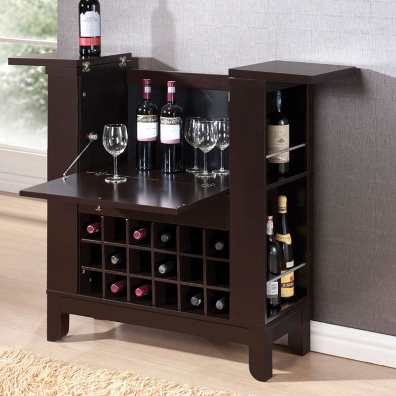 dark brown fold down front shelves wine rack wooden bar cabinet