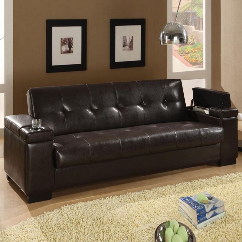 Dark Brown Faux Leather Sinuous Spring Base Convertible Sofa Bed Futon Sleeper