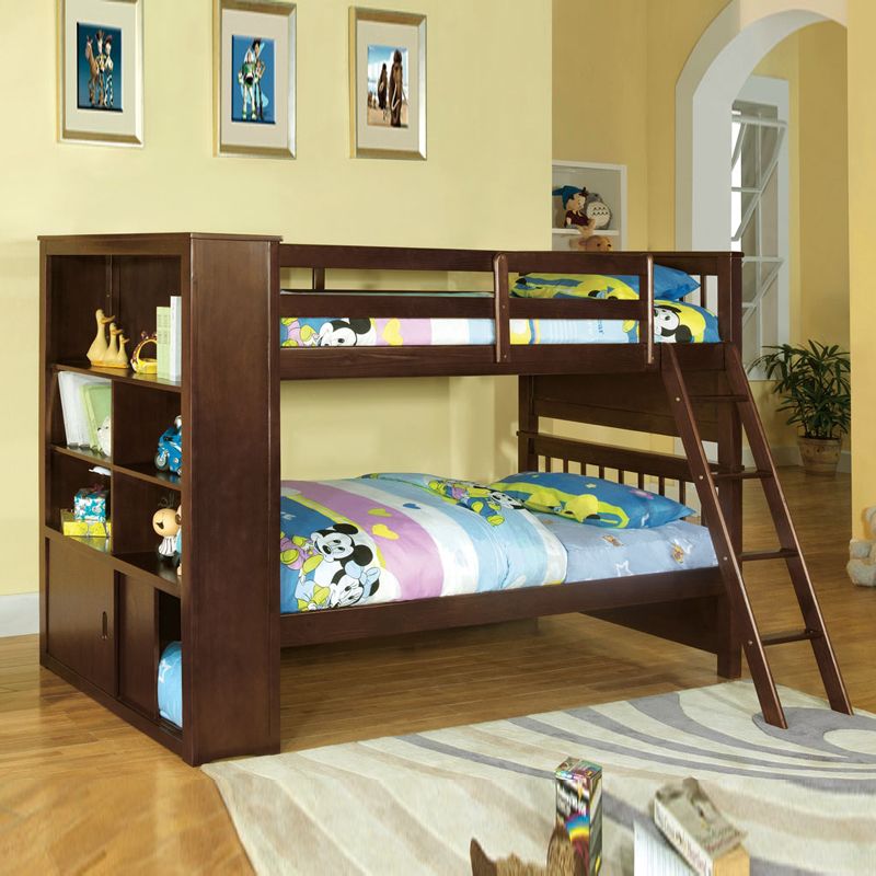 Youth Kids Espresso Wood Twin Over Twin Bunk Bed w Built in Bookcase Cabinets