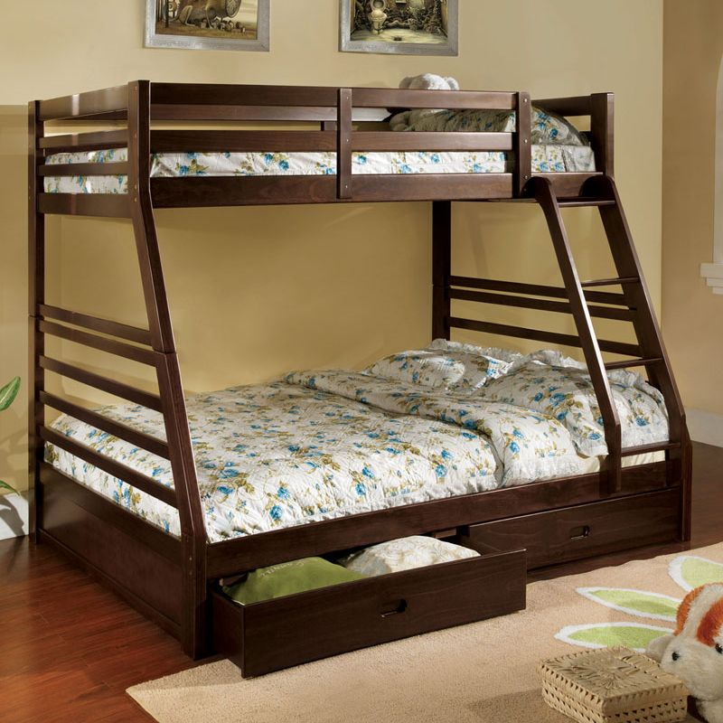 A Frame Slats Sides Design Espresso Oak Wood Twin Over Full Bunk Bed w Drawers