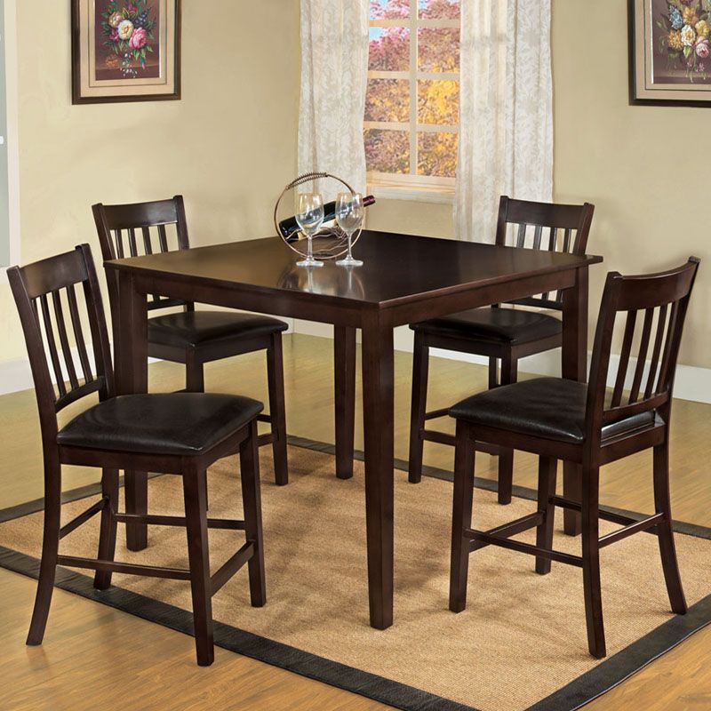 5pc Casual Espresso Wood Square Table Leatherette Seat Counter Height Dining Set