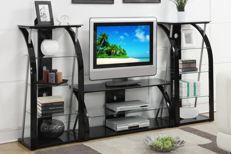 Black Glass Metal Dynamic TV Stand Entertainment Center 