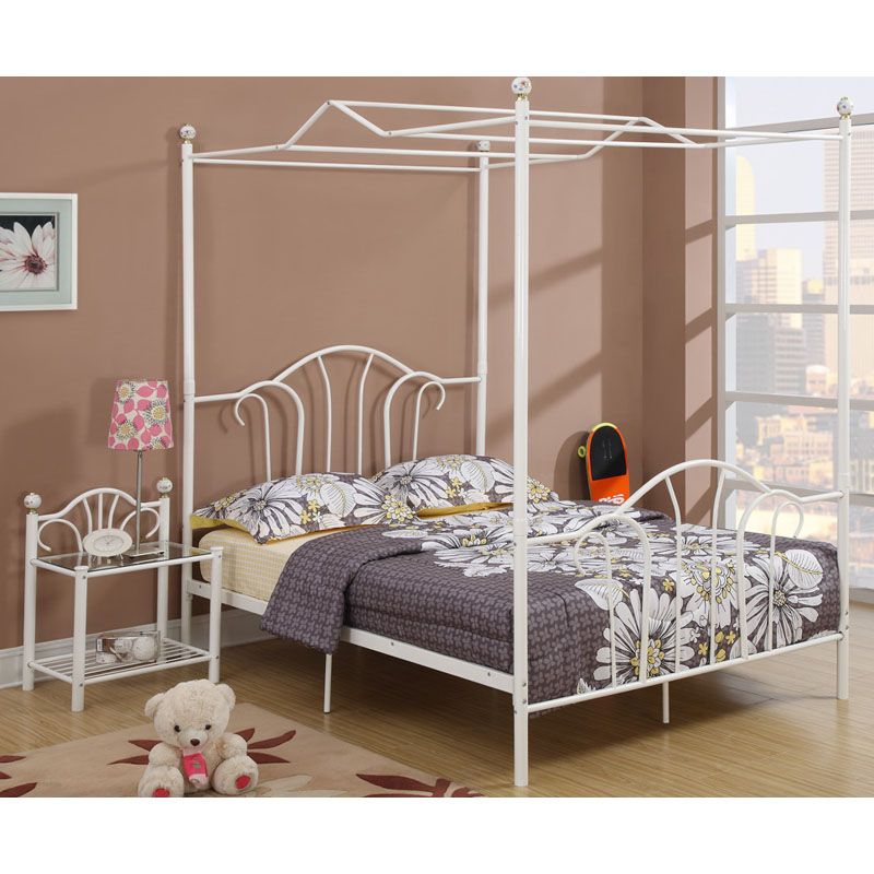 Simple Design Girl Youth Kids Bedroom Furniture White Metal Twin Full Canopy Bed