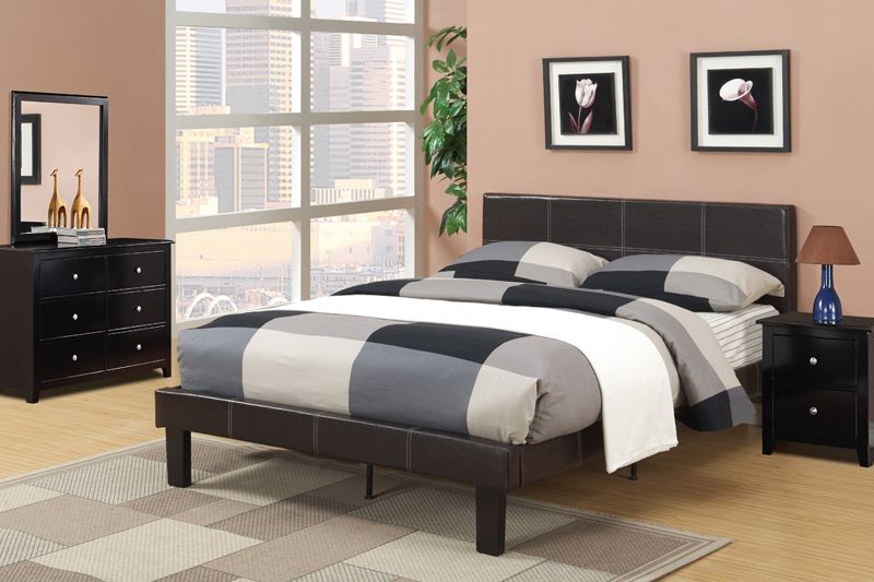 Contemporary Durable Espresso Faux Leather Wrapped Full Size Slats Double Bed