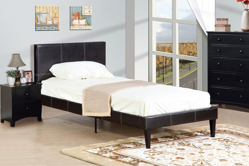 Modern Durable Espresso Faux Leather Wrapped Twin Size Single Full Slats Bed
