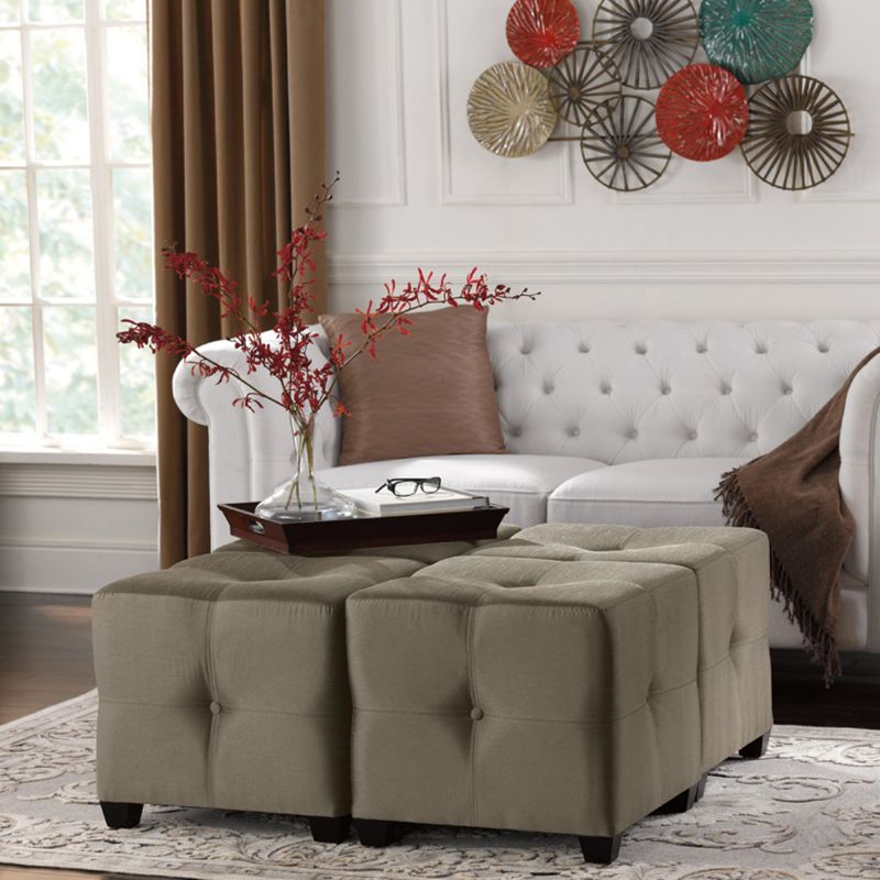 Powell Langham Button Tufted Plush Fabric Upholstered Body Seating Stool Ottoman