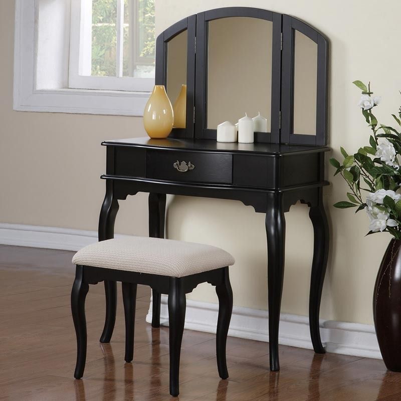 Enchanting Dainty Black Tri Folding Mirror Make Up Vanity Set with Comfort Bench