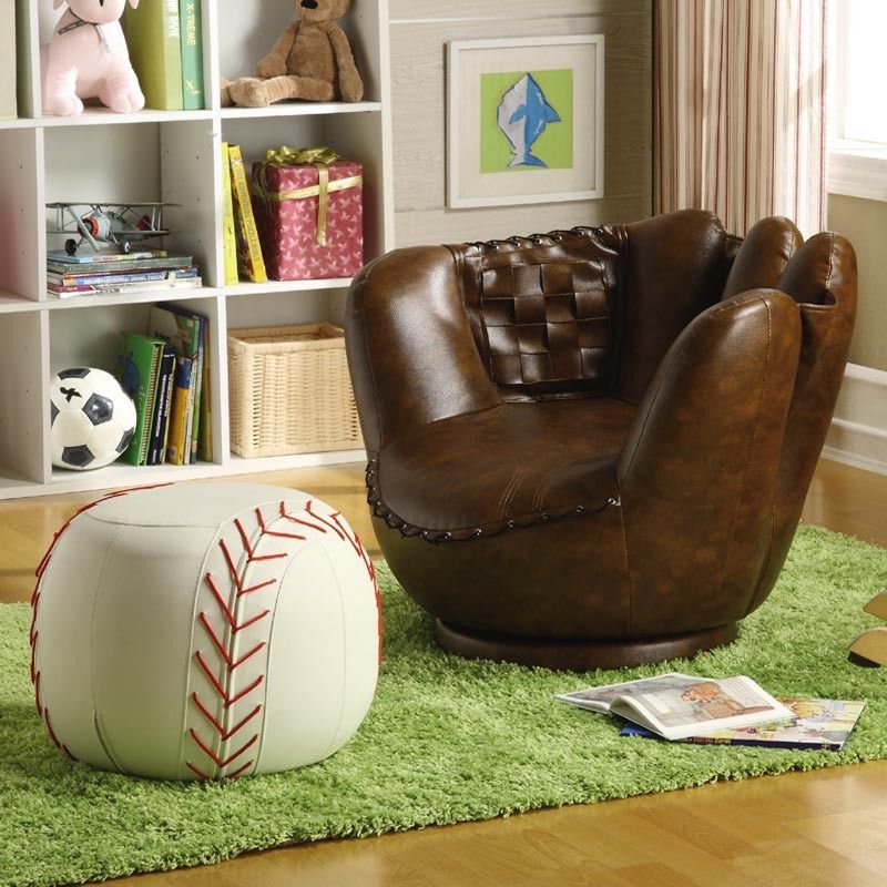 Sporty Dark Brown Faux Leather Accent Baseball Glove Chair with White Ottoman