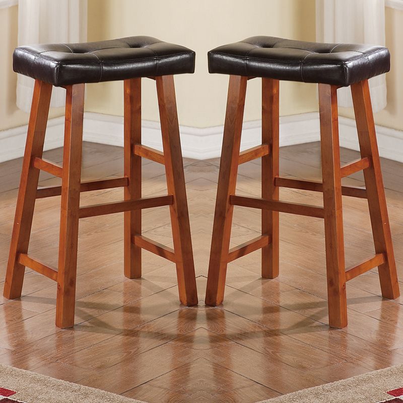 Set of 2 Brown Faux Leather Walnut Solid Wood 29"H Saddle Barstool Bar Stools