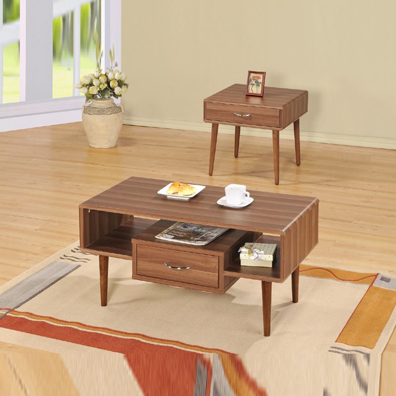 Contemporary Simple Design Natural Wood Coffee Table w Unique Center Drawer